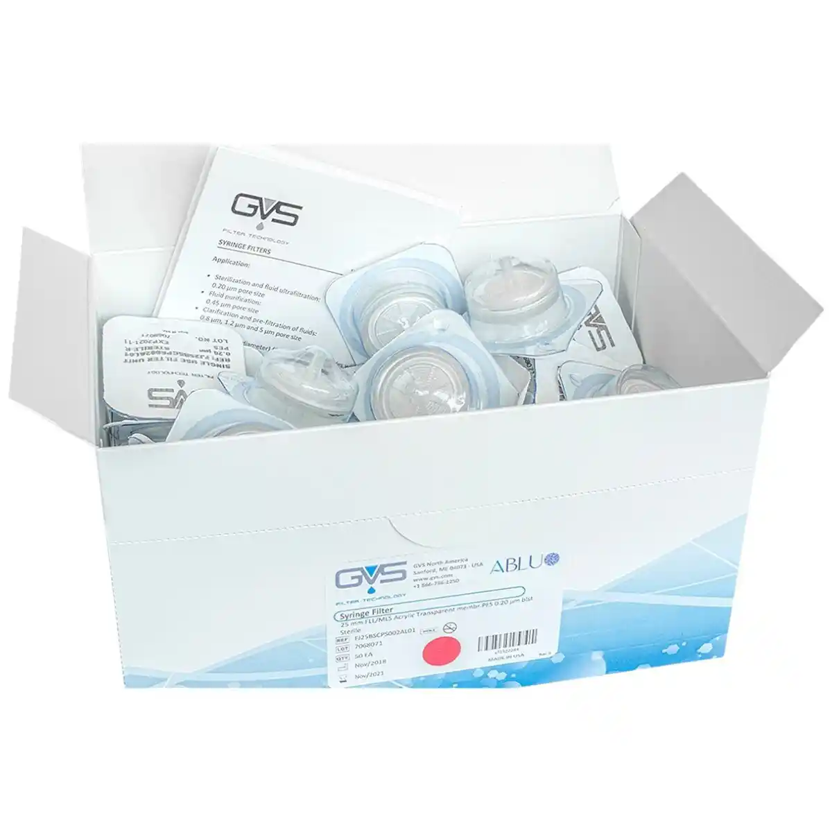 GVS ABLUO® Syringe Filter – STERILE, 25mm, Acrylic, PVDF, 0.45µm (Transparent), 50/Box